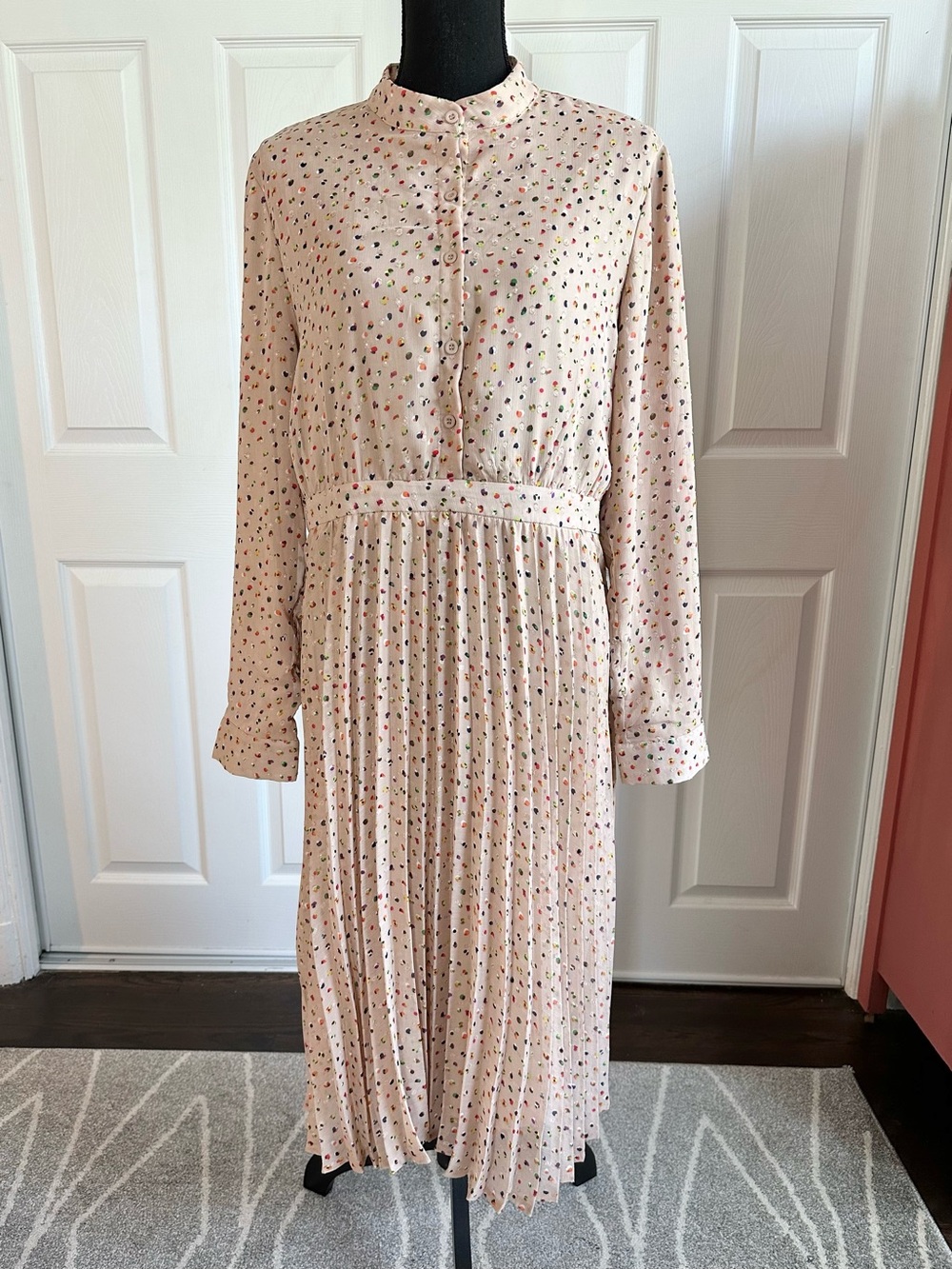 MDRN Nude Colorful Paint Spot Print Long Sleeve Pleat Skirt Midi Dress